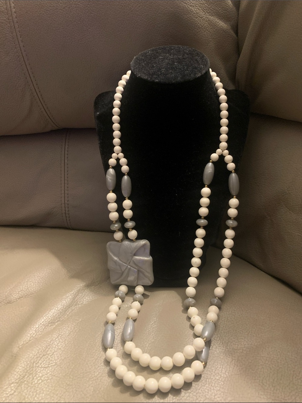Pearlized Retro White and Gray two strand Beaded Statement Necklace